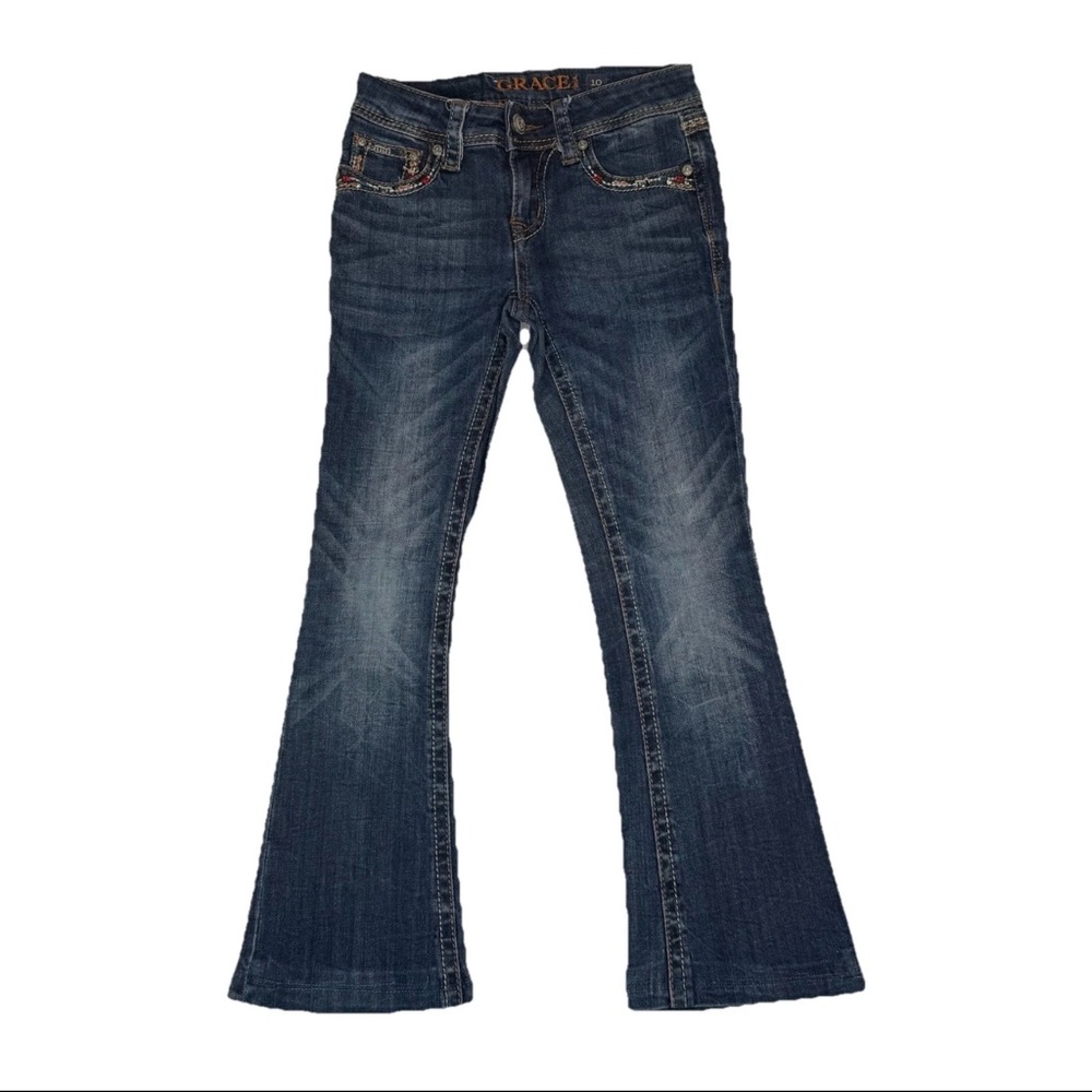 Grace In LA Midrise Bootcut Girls Jeans Cross Trim Embroidery Rhinestone Sz 10